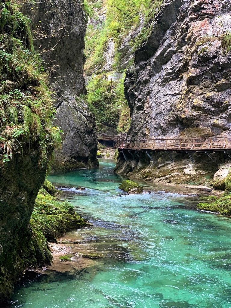 crystal clear water in deep gorge with boardwalk along gorge walls
